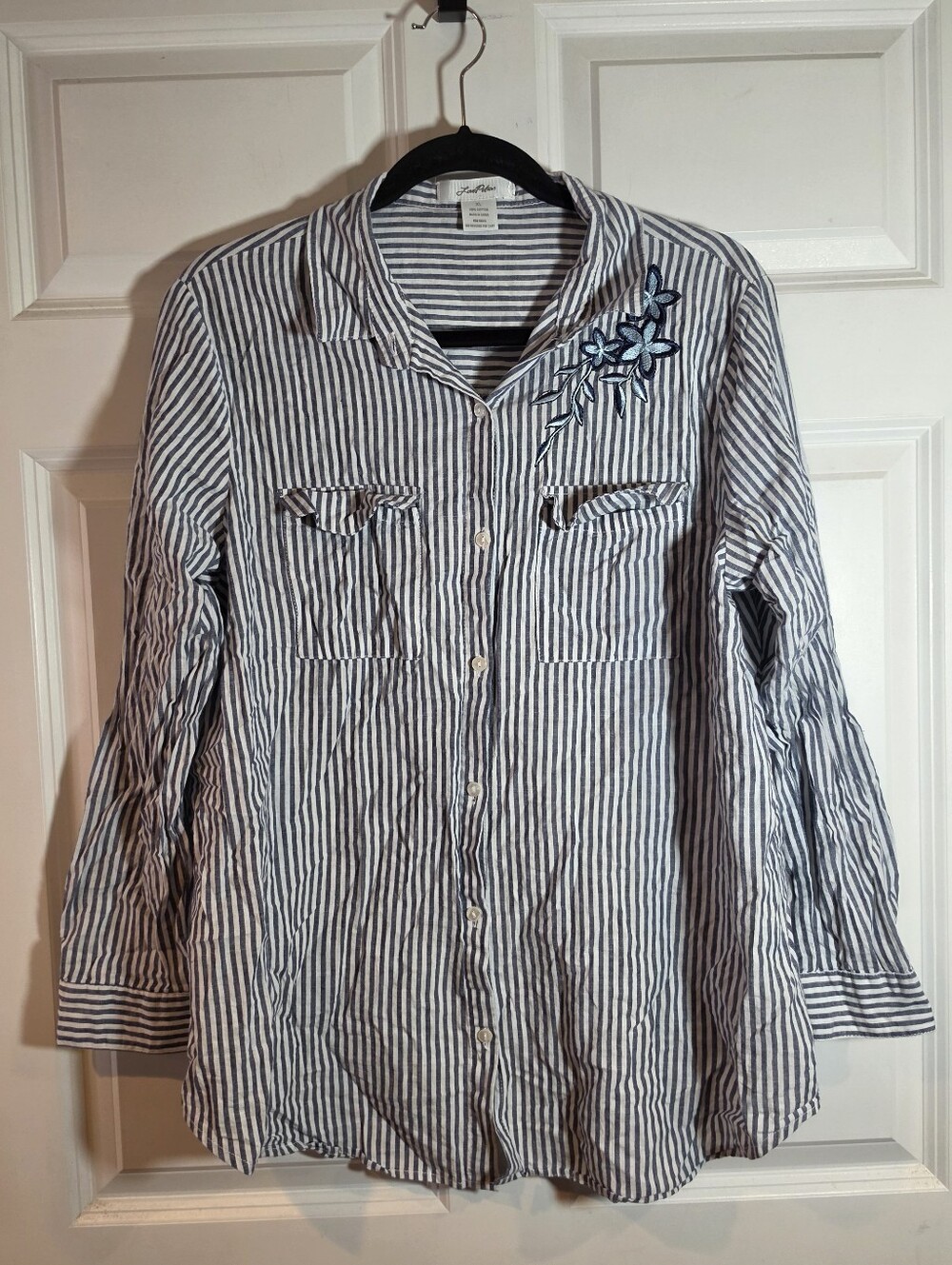 Love Potion Striped Button-Down Shirt with Floral Embroidery Blue & White Cotton